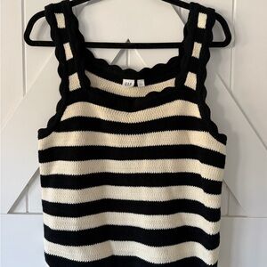 GAP Black and Cream Striped Knit Tank with Scalloped Edges